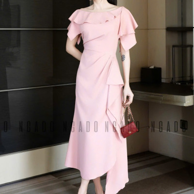 Đầm hồng cổ thuyền vạt xéo NGADO , đầm dài , đầm dự tiệc , sang trọng