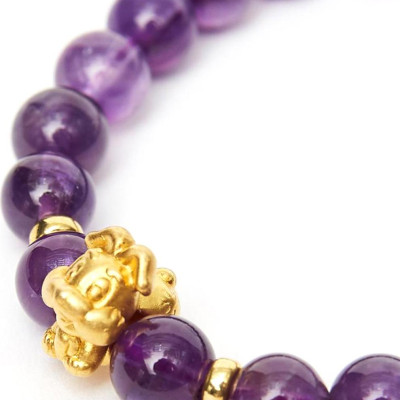 Vòng tay đá thạch anh tím charm tuổi mão bạc mạ vàng 24K 8mm mệnh hỏa, thổ - Ngọc Quý Gemstones