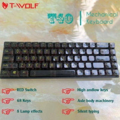 KEYBOARD T-WOLF T40 Phím cơ Red Switch trong suốt (ĐỎ/VÀNG/ĐEN) (68 Red Switch Keys, 8 Lamb effects, Silent, USB, 160cm) - Hàng chính hãng