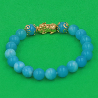 Chuỗi đeo tay Đá Ngọc Tủy Xanh Biển 8 ly - cẩn Tỳ Hưu Phong Thủy inox vàng VGTXBTHHKV8 - hợp mệnh Mộc, mệnh Thủy