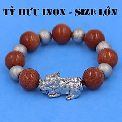 Vòng chuỗi đeo tay đá kim sa 14 ly ( size lớn ) charm tỳ hưu và bi inox, vòng tay chuỗi hạt