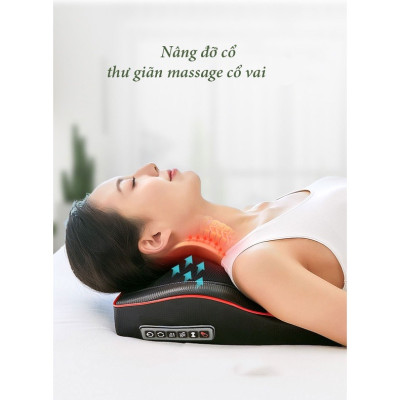 Gối massage cổ vai gáy, Máy massage lưng hồng ngoại trị liệu 16 đầu bi massage cùng chế độ rung