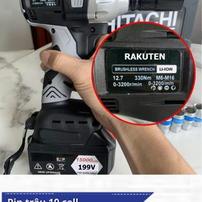 Máy siết bulong Không chổi than RAKUTEN 199V tặng đầu chuyển thành máy bắn tôn.máy bắt vít