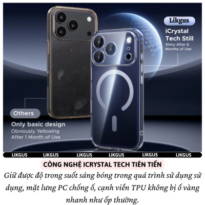 ốp lưng chống sốc sạc từ tính nam châm màng bảo vệ viền camera trong suốt cho iPhone 17 Pro Max / 17 Air / iP 17 Pro / 17 hiệu Likgus Lin Camshield Magnetic N52 - Chống sốc 2m, túi khí ẩn 4 góc, chống va đập, độ trong full HD - Hàng nhập khẩu