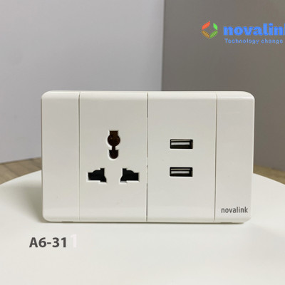 Ổ điện đa năng kèm 2 ổ sạc USB 5V-2.1A âm tường A6-31 Novalink chính hãng. Đủ thuế VAT, COCQ