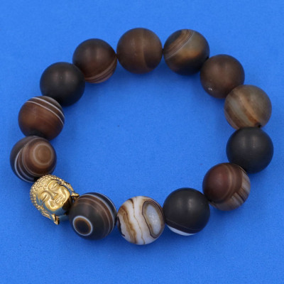 Vòng đeo tay mã não nâu sọc mờ 14 ly cẩn hạt Phật A Di Đà inox vàng VMNNSMNLV14 - hợp mệnh Kim, mệnh Thổ