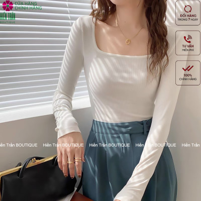 Áo croptop tay dài Hiền Trần BOUTIQUE cổ vuông vải thun ôm body crotop nữ cotton co giãn tốt
