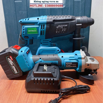Bộ Combo 2 Máy Gồm Máy Khoan Đục Bê Tông Và Máy Cắt, Máy Mài Cầm Tay Dùng Pin 15 Cell 199V Lõi Đồng - Động Cơ Không Than (Bảo Hành 1 Năm)