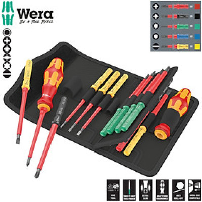 Bộ tua vít cách điện Kraftform Kompakt VDE 17 Universal 1 gồm 4 cạnh, dẹp, hoa thị  các đầu vít thay đổi được gồm 17 chiếc Wera 05006611001