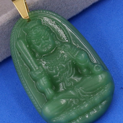 Mặt phật Bất động minh vương đá thạch anh xanh móc inox vàng - Hộ mệnh tuổi Dậu 