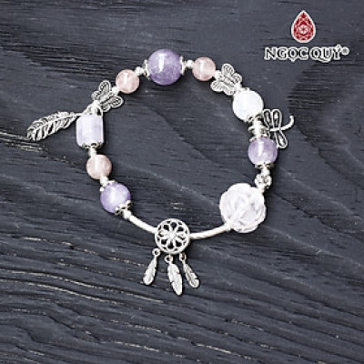 vòng thạch anh hồng phối thạch anh tím ngọc charm bạc - Ngọc Quý Gemstones