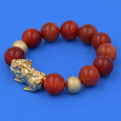 Chuỗi hạt đeo tay Gỗ Đỏ 15 ly - Vòng đeo tay Tỳ Hưu inox vàng VGOTHHBV15 - Vòng đeo tay size lớn