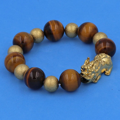 Vòng tay Tỳ Hưu inox mix Đá Mắt Hổ Vàng Đen size 16 ly phối 6 bi - hợp mệnh Thổ, mệnh Kim - Vòng size XXL