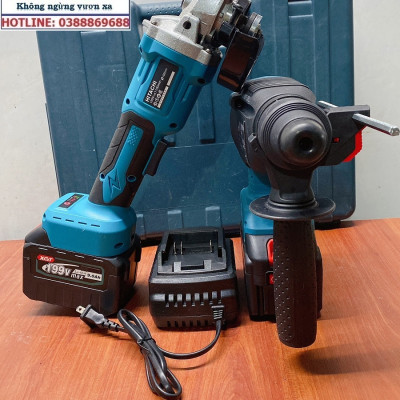 Bộ Combo 2 Máy Gồm Máy Khoan Đục Bê Tông Và Máy Cắt, Máy Mài Cầm Tay Dùng Pin 15 Cell 199V Lõi Đồng - Động Cơ Không Than (Bảo Hành 1 Năm)