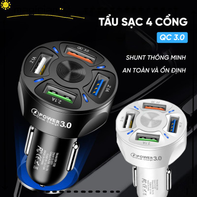 Tẩu Sạc Nhanh Thông Minh Quick Charge 3.0 | Tẩu Sạc Nhanh Thông Minh 4 Cổng USB Công Nghệ Sạc Nhanh Quick Charge 3.0, Tương Thích Nhiều Thiết Bị, Ổn Định Dòng Sạc