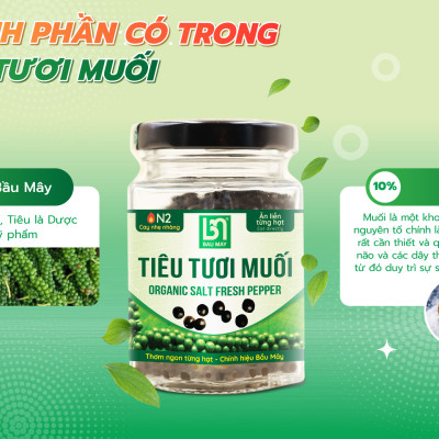 Tiêu tươi muối Organic Bầu Mây 35g - Cay cấp độ 2 với độ cay nhẹ nhàng, tươi giòn, cay mềm, tự nhiên, giúp kích thích vị giác, giúp ăn ngon miệng hơn, cải thiện chức năng của hệ tiêu hoá