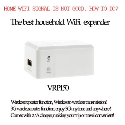 Bộ lặp Wi-Fi mini  150Mbps VRP150 802.11b / g / n Bộ định tuyến không dây 3G 2.1A có Bộ sạc 3 trong 1