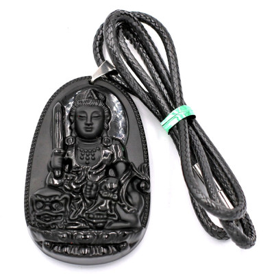 Dây Chuyền Mặt Văn Thù Bồ Tát - Thạch Anh Đen 6cm DETES3 - Kèm Hộp Nhung - Tuổi Mão