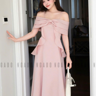 Đầm hồng 2 dây trễ vai NGADO , đầm dài , đầm dự tiệc