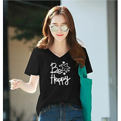 Áo thun nữ cổ tim form rộng MXM in chữ Be Happy cực dễ thương thun 4 chiều từ 45-60kg ( ANU063 )