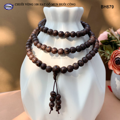 Chuỗi Tràng 108 hạt gỗ Mun Đuôi Công vân gỗ siêu đẹp - An Yên - Thịnh Vượng (BH679) chất gỗ họa tiết mộc mạc, đem lại phong cách độc lạ