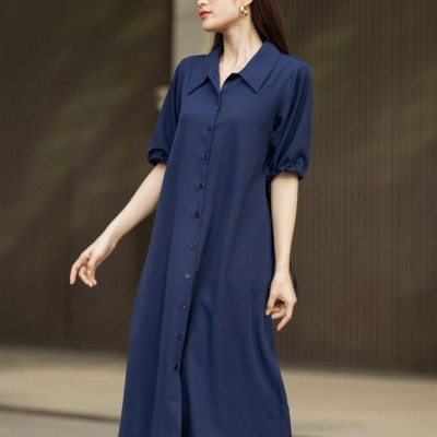 Đầm sơ mi xanh navy NGADO , đầm sơ mi rộng , đầm sơ mi Nữ