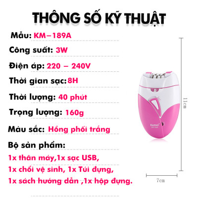 Máy tẩy lông Kemei KM-189A tẩy và nhổ lông toàn thân, cạo lông tay chân, tẩy sạch lông vùng bikini sử dụng pin sạc chuyên nghiệp điều chỉnh 2 mức tốc độ