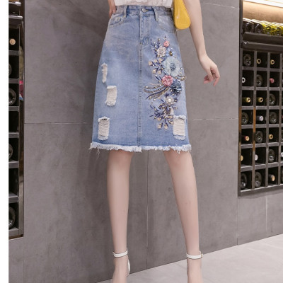 [ĐẸP ĐỘC] Chân váy jean ngang gối đính hoa 09, Chân váy thiết kế cao cấp, vải jean dày C020