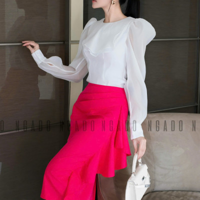 Set áo voan trắng váy hồng sen NGADO , set áo kèm chân váy , set áo váy Nữ