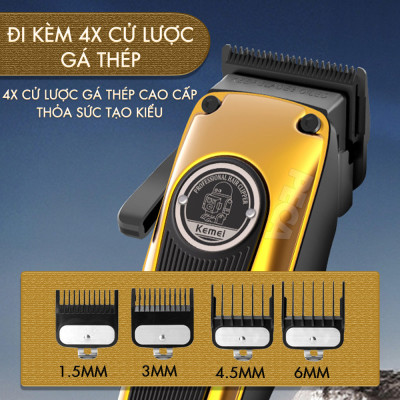 Tông đơ cắt tóc chuyên nghiệp Kemei KM-1825 lưỡi mạ carbon DLC, động cơ không chổi than công suất mạnh 8W hoạt động mạnh mẽ không nóng, không ồn - Hàng chính hãng