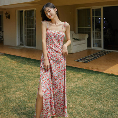 Đầm maxi xẻ tà dàng dài, họa tiết hoa nhí màu đẹp, chất voan tơ cao cấp, váy 2 kiểu mặc: 2 dây và vai trần | MX056