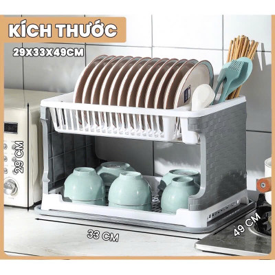 Giá để bát đĩa 2 tầng, kệ chạn úp chén đũa đa năng kèm khay hứng nước -Hàng chính hãng