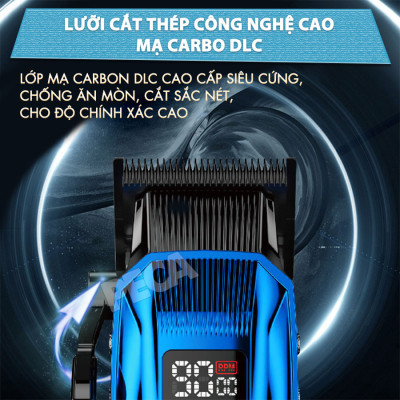 Tông đơ cắt tóc chuyên nghiệp Kemei KM-2796 lưỡi cắt mạ carbon DLC cao cấp có động cơ không chổi than màn hình LCD hiển thị công suất 10W - Tặng kèm lưỡi thay - Chính hãng