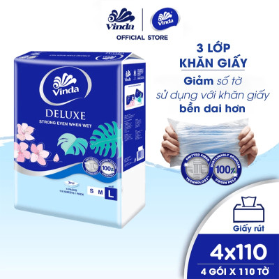 [LỐC 4 GÓI SIZE L] Khăn giấy rút cao cấp Vinda Deluxe 3 lớp 110 tờ size L (4 Gói)