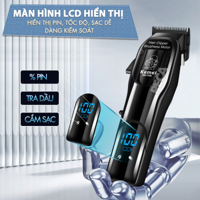 Tông đơ cắt tóc chuyên nghiệp Kemei KM-1766 lưỡi cắt mạ carbon DLC cao cấp có động cơ không chổi than màn hình LCD hiển thị công suất 5W - Chính hãng
