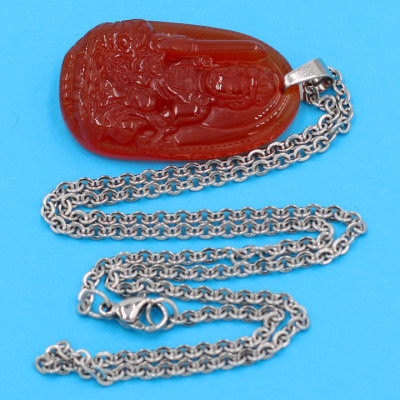 Vòng cổ mặt Văn Thù Bồ Tát - thạch anh đỏ 3.6cm DITTOB3 - dây inox bạc - tuổi Mão