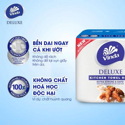 [MUA 1 THÙNG KHĂN BẾP CUỘN TẶNG 1 LỐC KHĂN RÚT SIZE M + ẤM TRÀ] Khăn giấy bếp đa năng siêu thấm Vinda Deluxe (6 Cuộn)