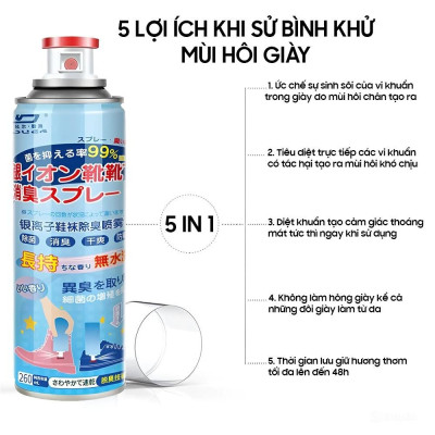 Chai Xịt Khử Mùi Giày Nano Bạc Dung Tích 260ml Chai Màu Xanh Diệt Khuẩn Ngăn Ngừa Hôi Chân Lưu Hương 24h