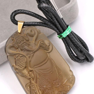 Dây chuyền mặt tượng Quan Công QCN14 - thạch anh khói (6.2cm x 4cm)