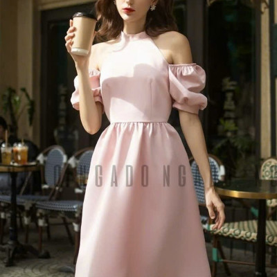 Đầm hồng cổ yếm tay phồng NGADO , đầm cổ yếm , đầm kiểu Nữ