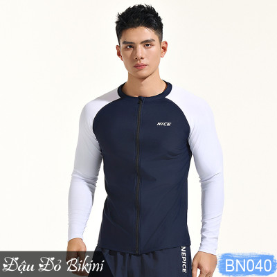 Áo bơi nam dài tay chống nắng cao cấp, thun bơi lạnh chuẩn đẹp co giãn cao mịn mát, khóa kéo mượt mà dễ mặc, có size lớn đến 90kg | BN040