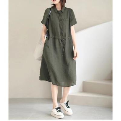 Đầm sơ mi nữ form suông ngắn tay, Đầm đũi nữ cổ sơ mi kèm dây thắt eo màu rêu Da75