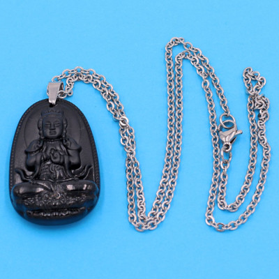 Vòng cổ phật Đại Nhật Như Lai - thạch anh đen 3.6cm DITTEB5 - dây inox bạc - kèm hộp nhung - tuổi Mùi, Thân