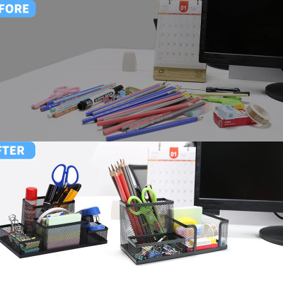 Khay cắm bút, khay đựng bút, hộp đựng bút để bàn 3 ngăn kim Loại màu đen đồ dùng văn phòng Legaxi
