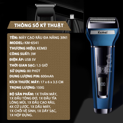 Máy cạo râu đa năng 3IN1 Kemei KM-6541 có thể cạo râu, cắt tóc, tỉa lông mũi - Chính hãng
