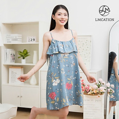 Đầm 2 dây tencel phối bèo LMcation Autumn - hoa lá xanh