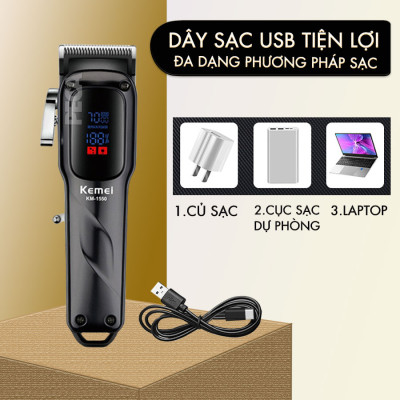 Tông đơ cắt tóc chuyên nghiệp Kemei KM-1550 cống suất mạnh 5W màn hình LCD sạc nhanh USB type C tiện lợi - Chính hãng