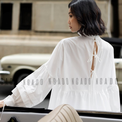 Áo babydoll trắng NGADO , Áo kiểu nữ , Áo tay phồng cột nơ