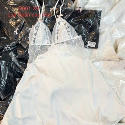 Váy Ngủ D661 Lụa Quảng Châu Phối Ren Lưới Đính Nơ Xinh Xắn