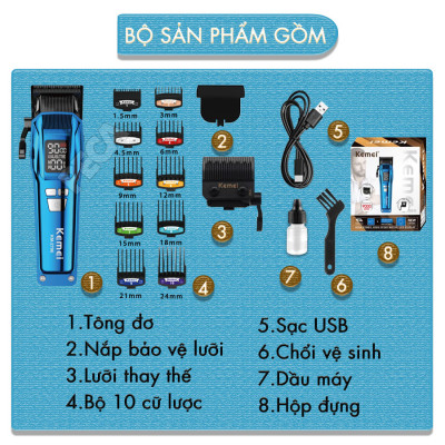 Tông đơ cắt tóc chuyên nghiệp Kemei KM-2796 lưỡi cắt mạ carbon DLC cao cấp có động cơ không chổi than màn hình LCD hiển thị công suất 10W - Tặng kèm lưỡi thay - Chính hãng